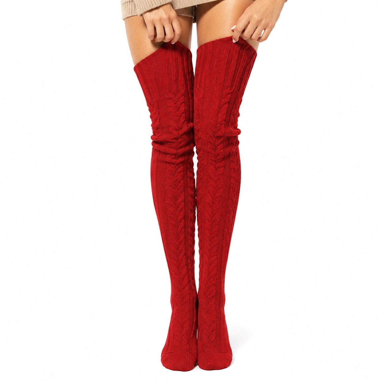 Calze sopra il ginocchio 39-42 in maglia rossa a trecce per donna
