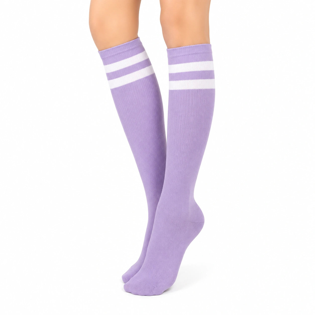Calze al ginocchio 39-42 in maglia lilla e bianco a righe stile sportivo